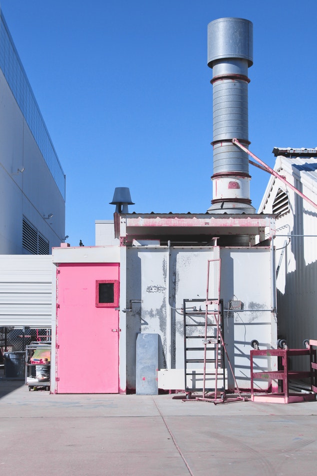 Power plant with a pink door