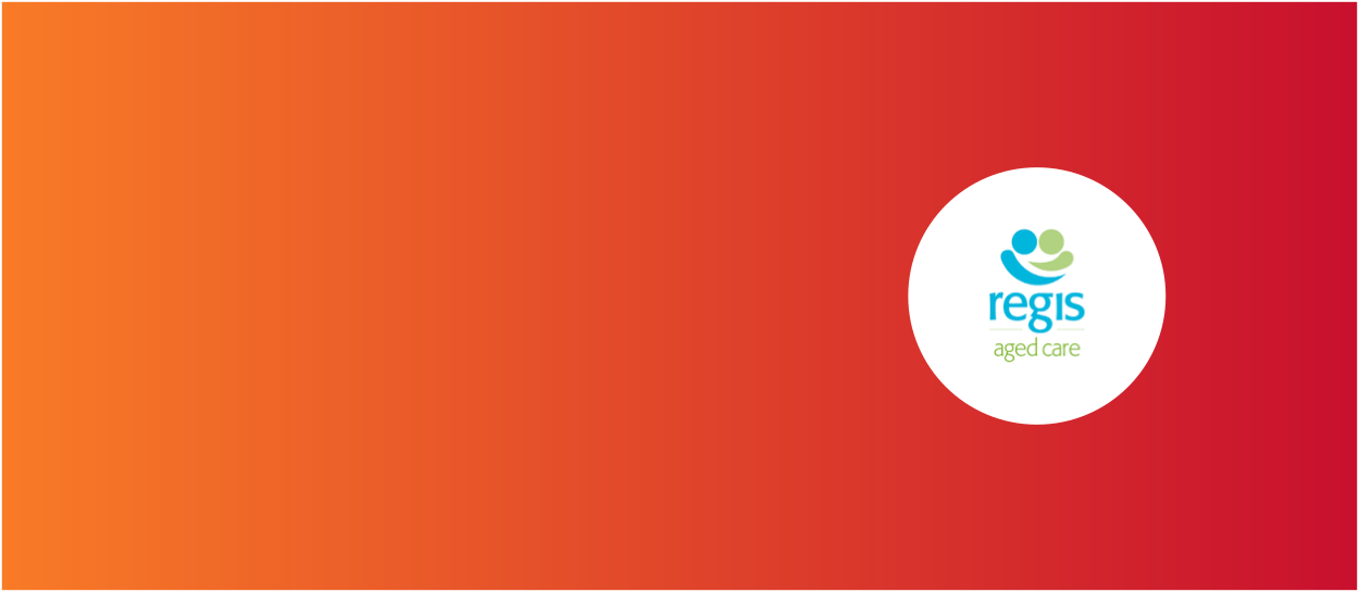 Orange and red background with Regis Aged Care logo