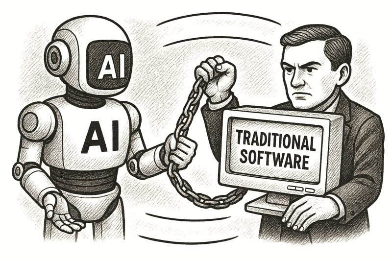 A robot and a person holding a computer monitor pulling on a chain.